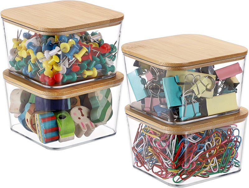 BTSKY 4 Pack Clear Stackable Paper Clip Holder with Bamboo Lid Paperclip Box Plastic Cute Office Supply Accessory Organizer Square Small Storage Holder Cute Qtip Holder for Office Bathroom Vanity - Image 1